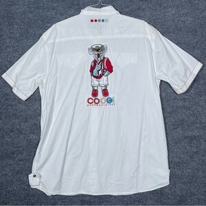 Coogi Men’s 2XL White Koala Embroidered Patch Short Sleeve‎ Button Down Shirt